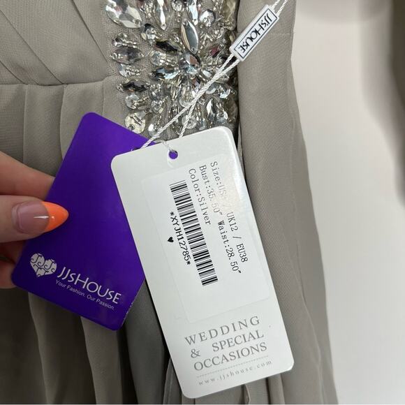 JJ’s House Formal Dress Silver Taupe with matching cardigan size 8 - Picture 8 of 8